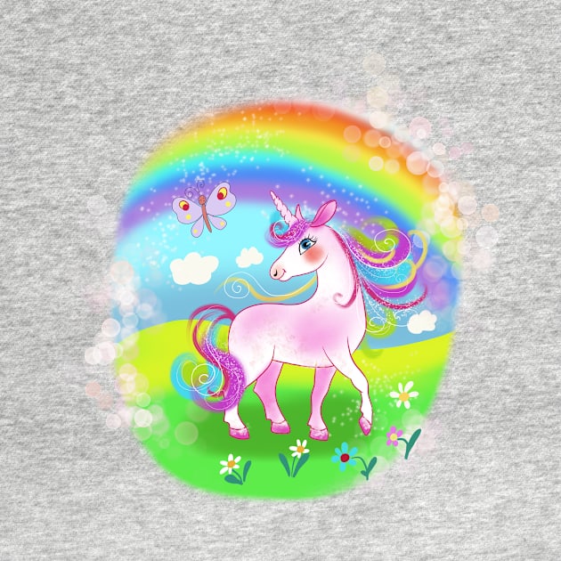Magic fairy blue unicorn with rainbow And flowers by sonaart